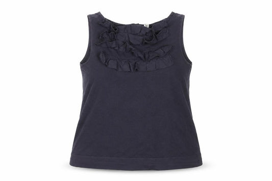 Front view of Toby Dale Women's Navy Sleeveless Ruffle Top, size 16, Cotton Blend