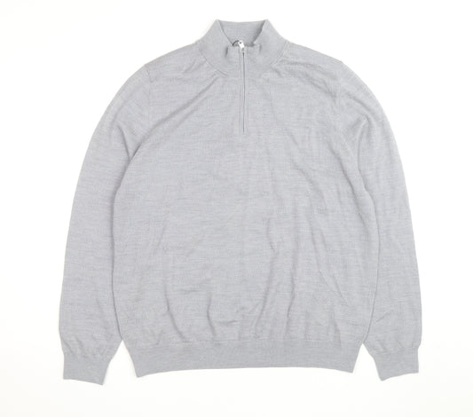 Marks and Spencer Men's Grey XL Merino Wool Half Zip Jumper