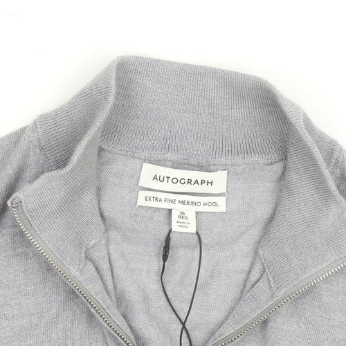 Marks and Spencer Men's Grey XL Merino Wool Half Zip Jumper