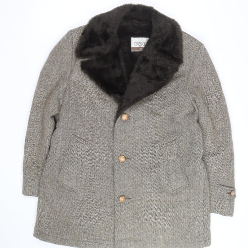 Cresco Men's Grey Wool Tweed Overcoat with Faux Fur Collar Size 40
