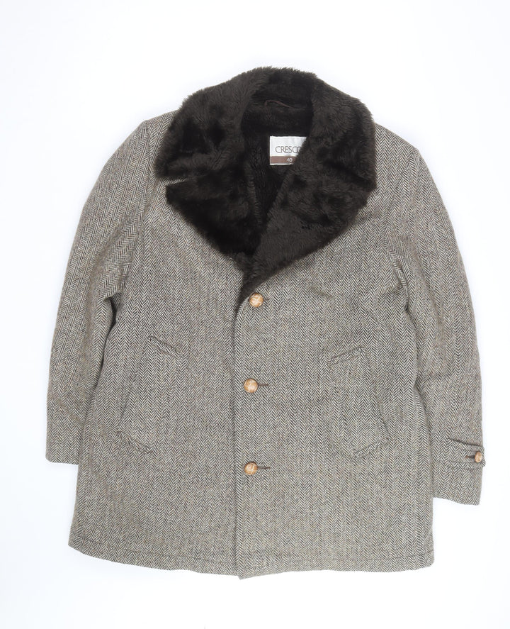 Cresco Men's Grey Wool Tweed Overcoat with Faux Fur Collar Size 40