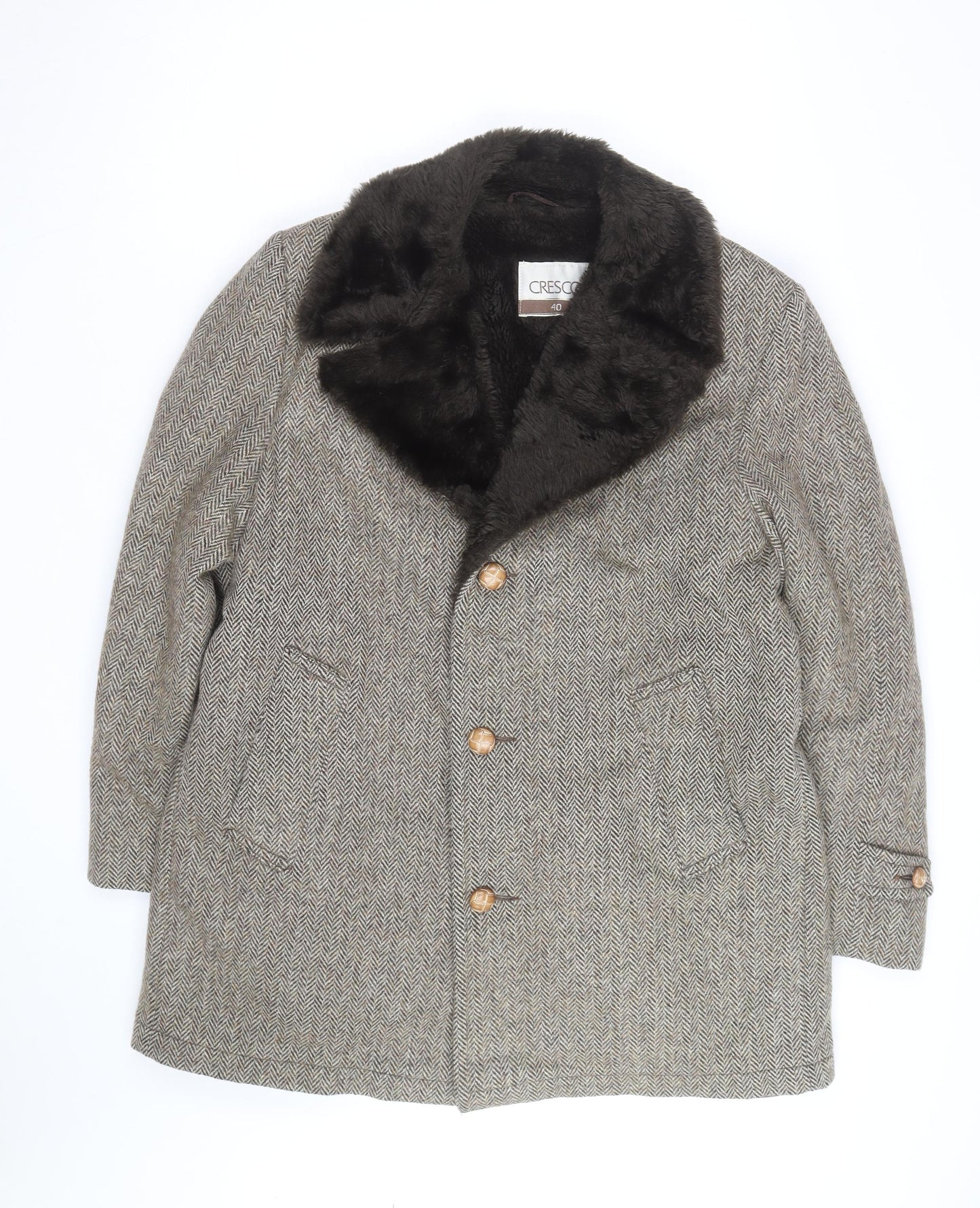 Cresco Men's Grey Wool Tweed Overcoat with Faux Fur Collar Size 40