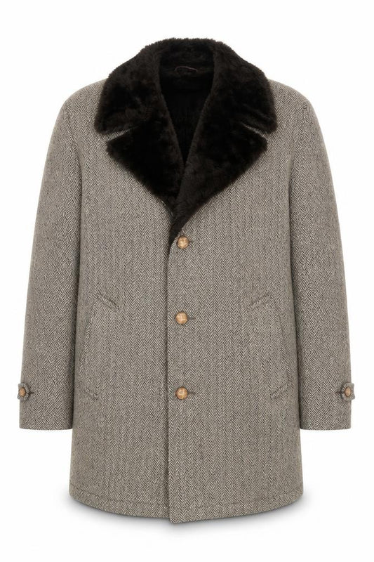 Front view of Cresco Men's Grey Wool Tweed Overcoat with Faux Fur Collar, size 40