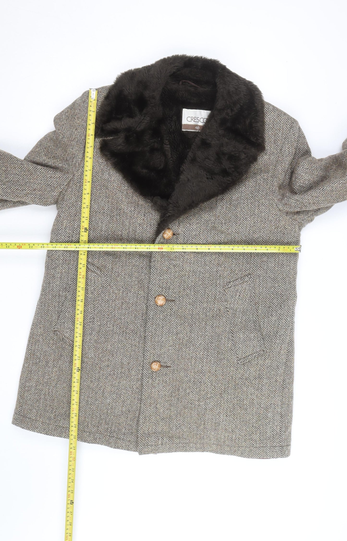 Cresco Men's Grey Wool Tweed Overcoat with Faux Fur Collar Size 40