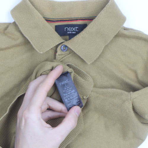 Next Men's Beige Cotton Collared Henley Jumper Size S