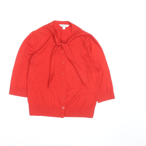 L.K.Bennett Red Silk Cotton Bow Cardigan S Unisex 3/4 Sleeve