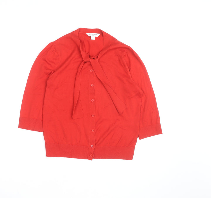 L.K.Bennett Red Silk Cotton Bow Cardigan S Unisex 3/4 Sleeve