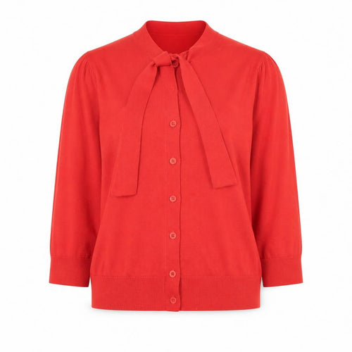 L.K.Bennett Red Silk Cotton Bow Cardigan S Unisex 3/4 Sleeve