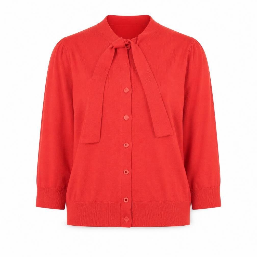 L.K.Bennett Red Silk Cotton Bow Cardigan S Unisex 3/4 Sleeve