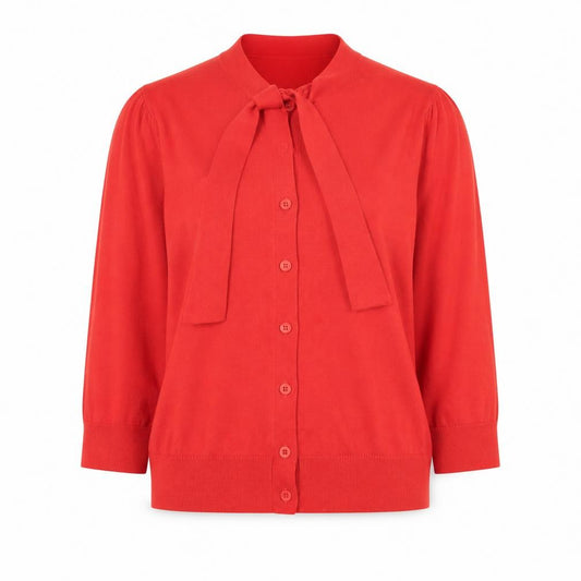 Front view of L.K.Bennett Red Silk Cotton Bow Cardigan S unisex 3/4 sleeve