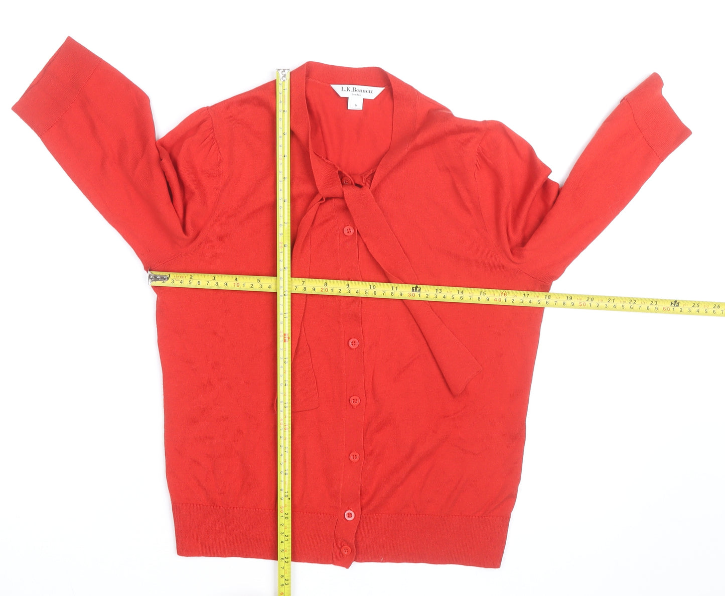 L.K.Bennett Red Silk Cotton Bow Cardigan S Unisex 3/4 Sleeve