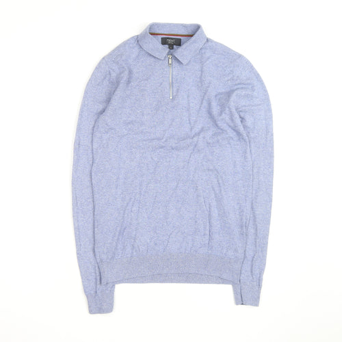 Next Mens Blue Collared 1/4 Zip Cotton Blend Jumper Size S