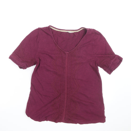White Stuff Women's Purple Cotton Embroidered V-Neck T-Shirt Size 12