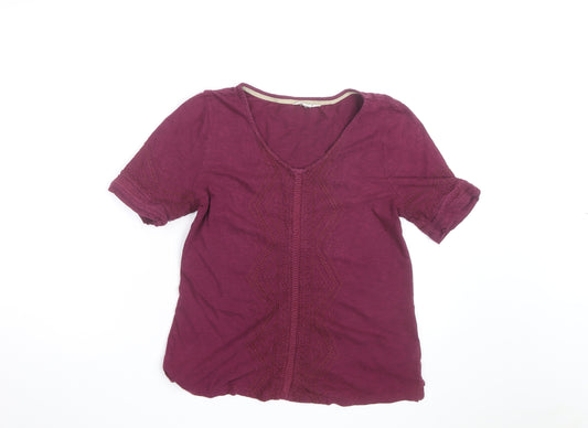 White Stuff Women's Purple Cotton Embroidered V-Neck T-Shirt Size 12