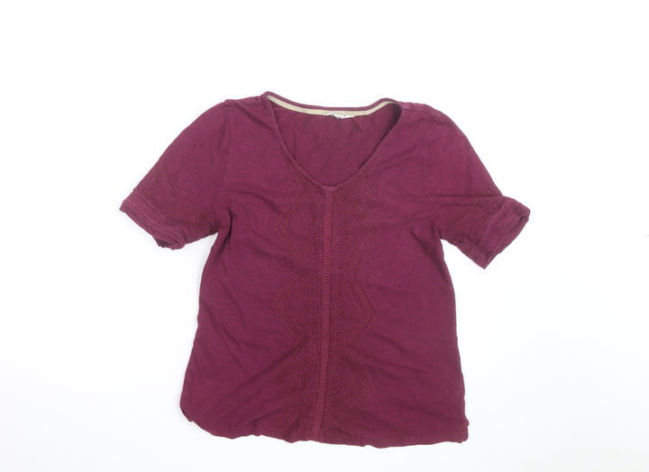 White Stuff Women's Purple Cotton Embroidered V-Neck T-Shirt Size 12