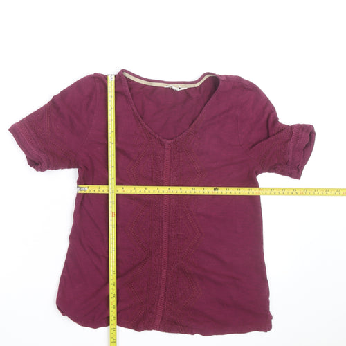 White Stuff Women's Purple Cotton Embroidered V-Neck T-Shirt Size 12