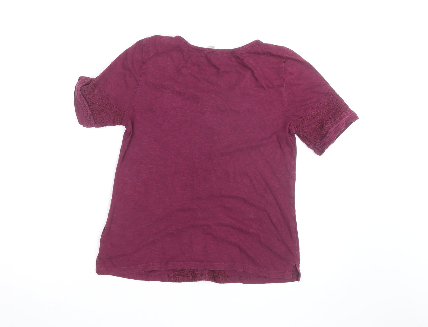 White Stuff Women's Purple Cotton Embroidered V-Neck T-Shirt Size 12