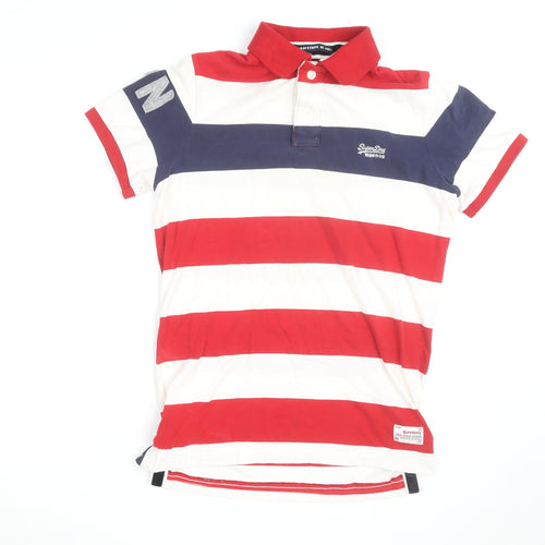Superdry Men's Red Navy White Striped Polo Shirt XL Classic Fit