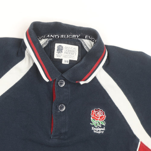 England Rugby Boys Blue Polo Shirt 9-10 Years Cotton Embroidered Sports Top