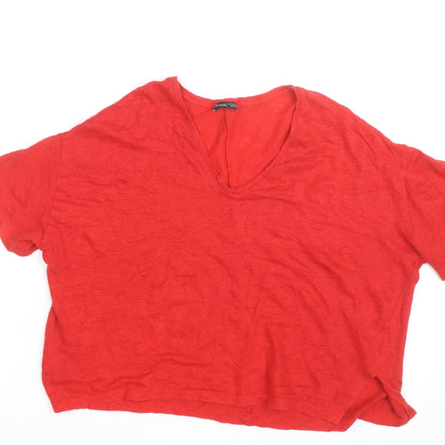 Zara Women Red Linen Cropped V-Neck T-Shirt Medium