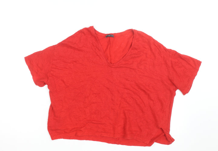 Zara Women Red Linen Cropped V-Neck T-Shirt Medium