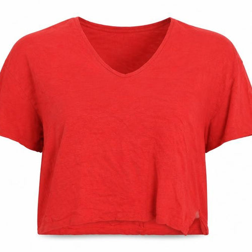 Zara Women Red Linen Cropped V-Neck T-Shirt Medium