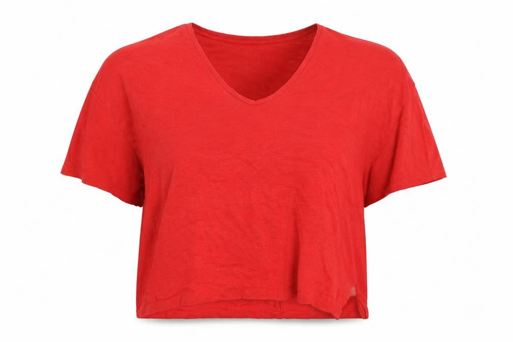 Zara Women Red Linen Cropped V-Neck T-Shirt Medium