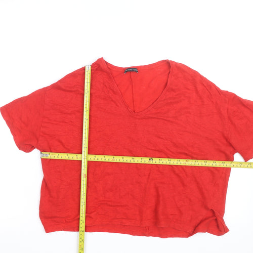 Zara Women Red Linen Cropped V-Neck T-Shirt Medium