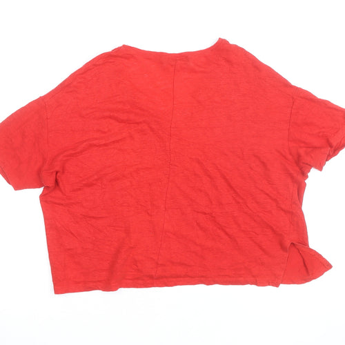 Zara Women Red Linen Cropped V-Neck T-Shirt Medium