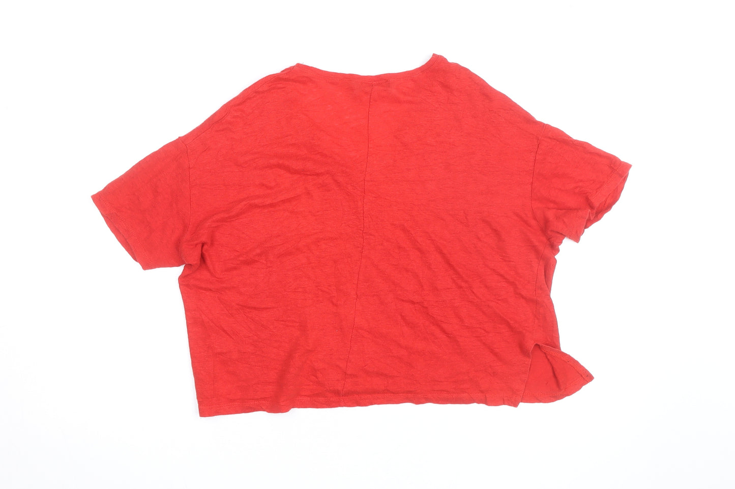 Zara Women Red Linen Cropped V-Neck T-Shirt Medium