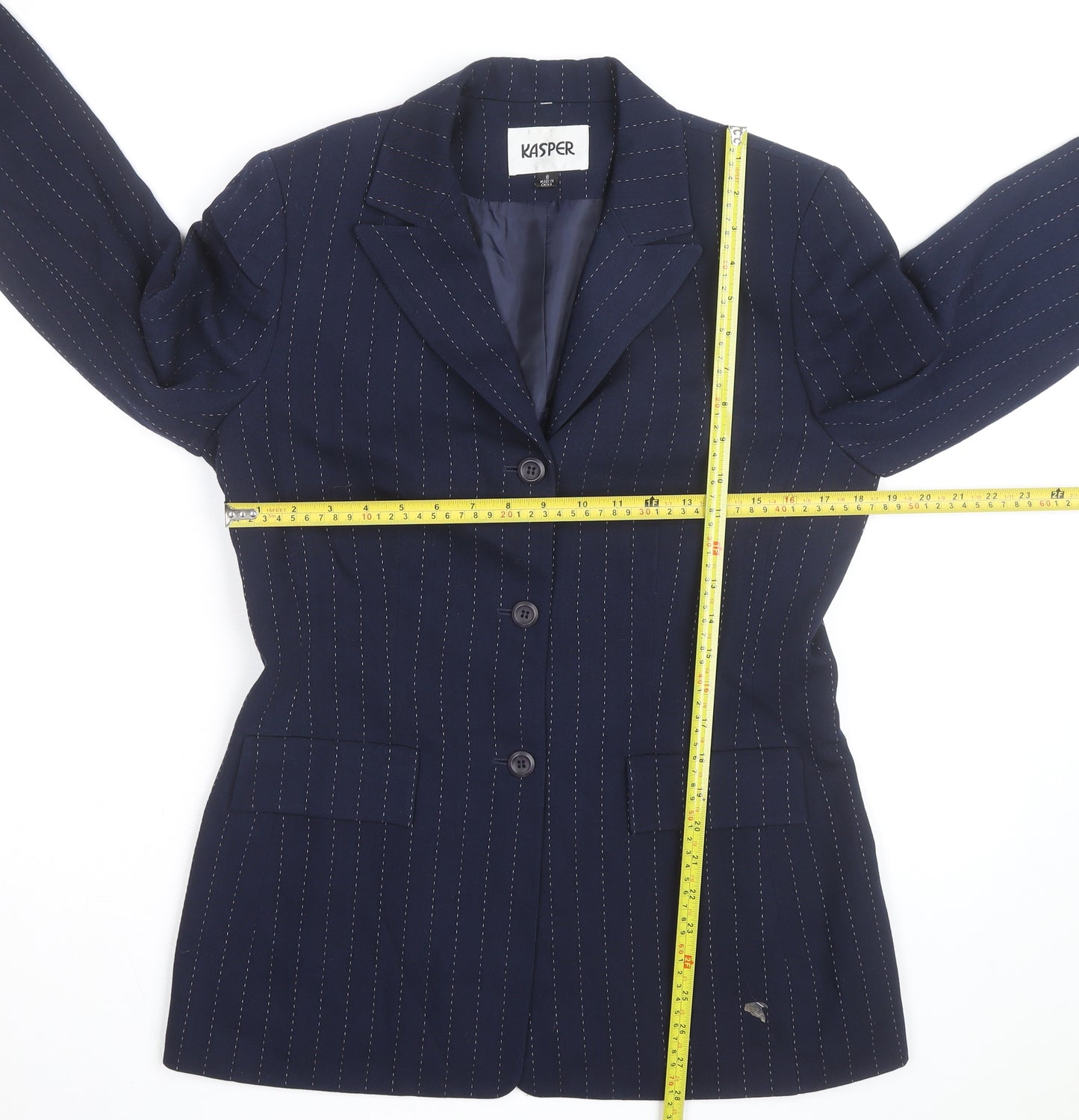 Kasper Women's Navy Pinstripe Long Sleeve Single-Breasted Blazer Size 8