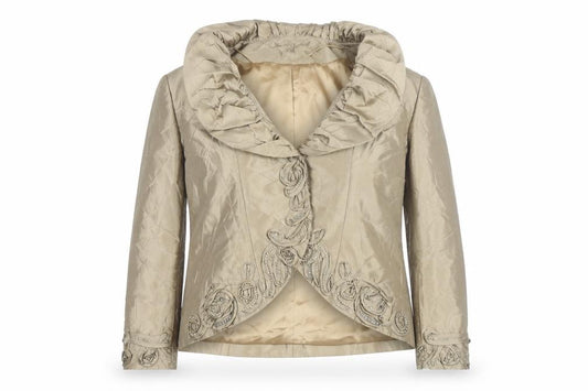 Front view of VM Collection Women Beige Beaded Formal Jacket, size 12