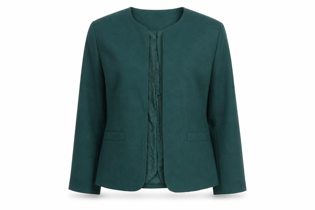 Front view of Willow Ridge Women’s Green Polyester Blazer, size UK 12, Classic Open Front