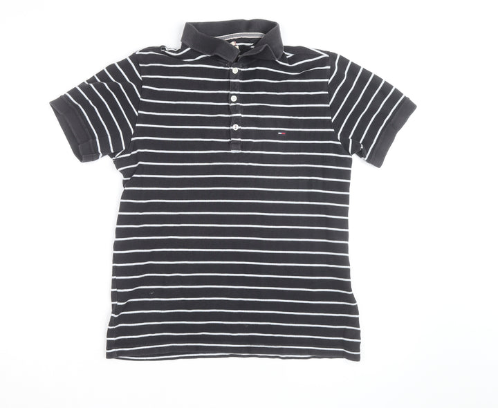Tommy Hilfiger Men's Black Striped Polo Shirt Size M Cotton Classic