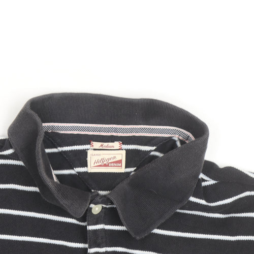 Tommy Hilfiger Men's Black Striped Polo Shirt Size M Cotton Classic