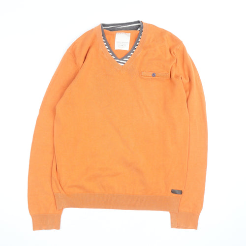 Esprit Men’s Orange V-Neck Cotton Pullover Jumper Size M