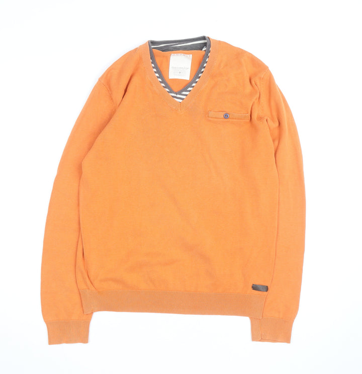 Esprit Men’s Orange V-Neck Cotton Pullover Jumper Size M