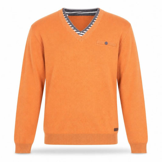 Front view of ESPRIT Men’s Orange V-Neck Cotton jumper, size M