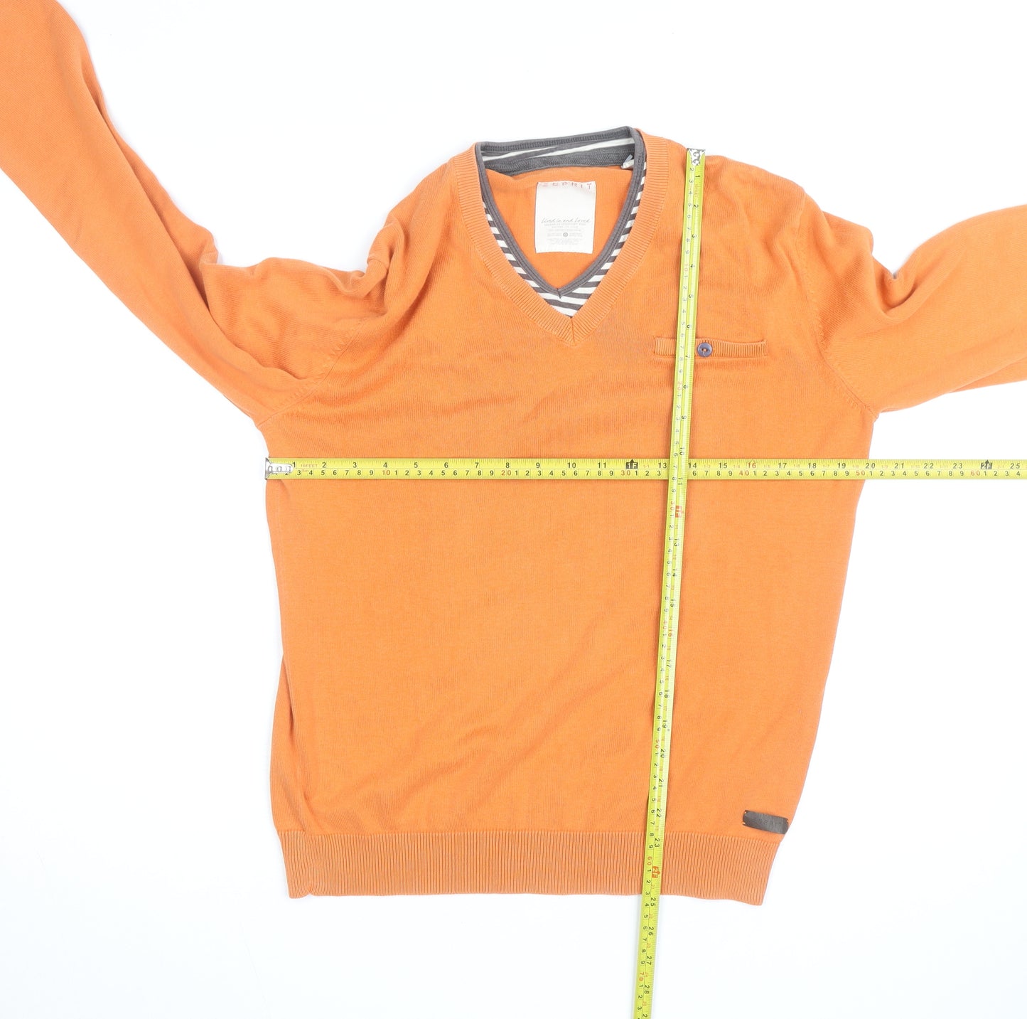 Esprit Men’s Orange V-Neck Cotton Pullover Jumper Size M