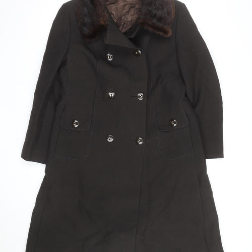 Fenister Women's Black Wool Long Overcoat with Fur Collar Size 12-14