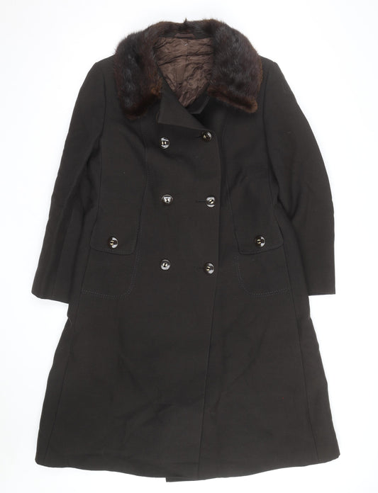Fenister Women's Black Wool Long Overcoat with Fur Collar Size 12-14