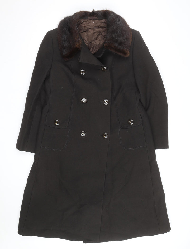 Fenister Women's Black Wool Long Overcoat with Fur Collar Size 12-14