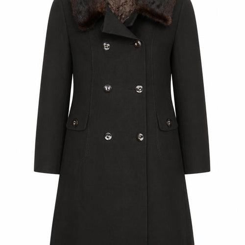 Fenister Women's Black Wool Long Overcoat with Fur Collar Size 12-14