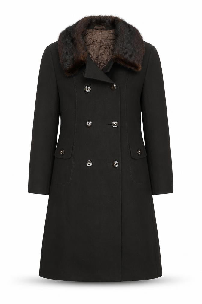 Fenister Women's Black Wool Long Overcoat with Fur Collar Size 12-14