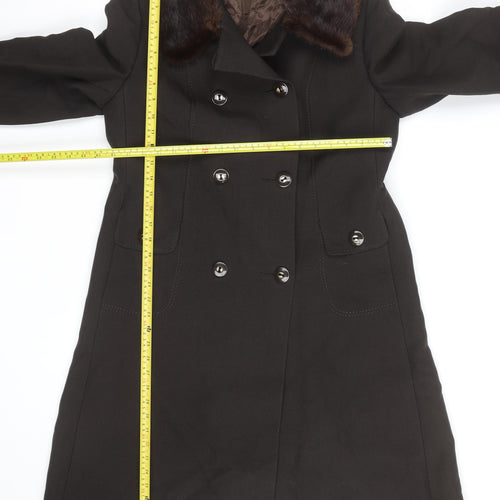 Fenister Women's Black Wool Long Overcoat with Fur Collar Size 12-14