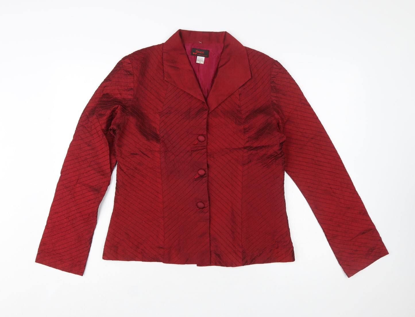Gracie Women Red Silk Single Breasted Suit Jacket Size M