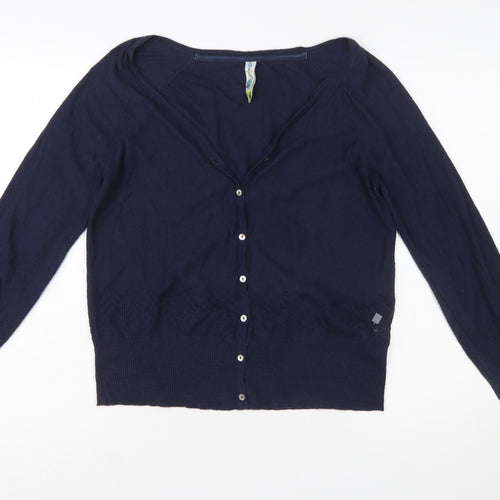 Weird Fish Women Blue Size 10 Cotton V-Neck Button Cardigan