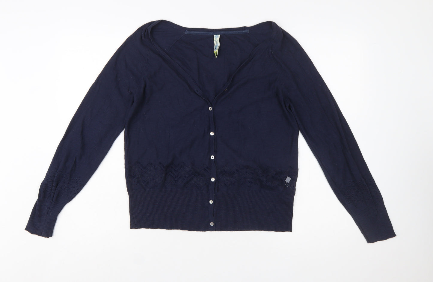 Weird Fish Women Blue Size 10 Cotton V-Neck Button Cardigan