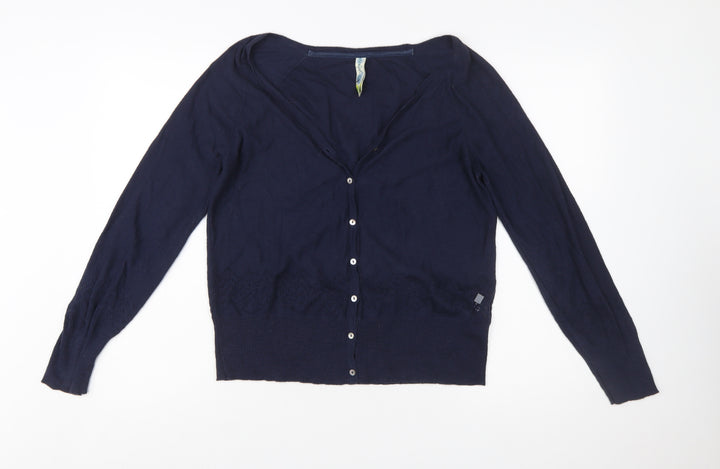 Weird Fish Women Blue Size 10 Cotton V-Neck Button Cardigan