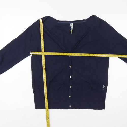 Weird Fish Women Blue Size 10 Cotton V-Neck Button Cardigan